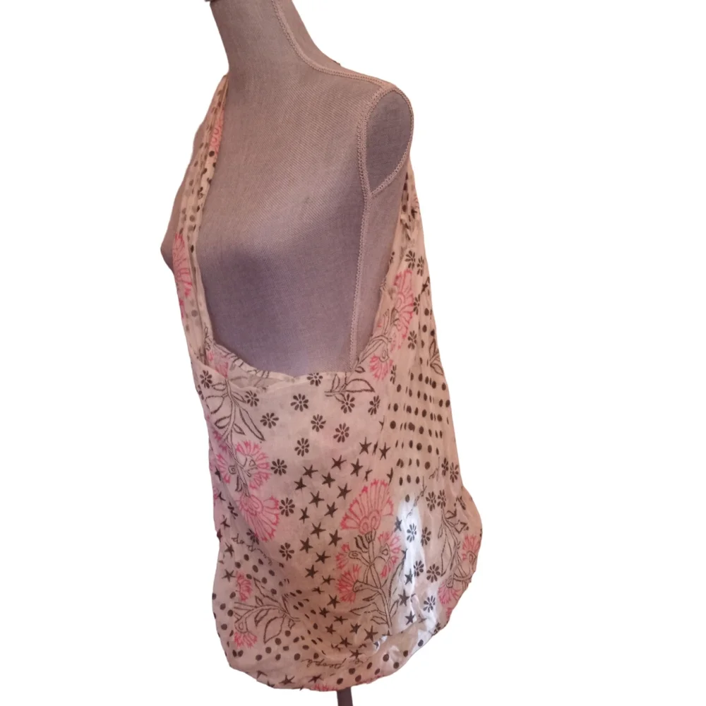 Free People Bag Hobo Floral Tote Shopping Beach Carry All Pink Barbie Linen